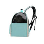Sac à dos porte chat bleu clair avec fenêtre en mesh et chat gris à l’intérieur