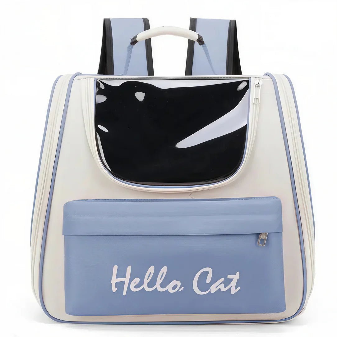 Sac à dos porte chat blanc et bleu avec fenêtre transparente et poche zippée