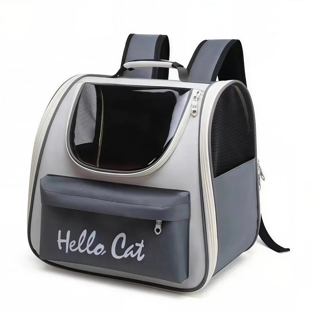 Sac à dos porte chat Hello Cat gris à deux tons avec fenêtres en mesh et panneau transparent