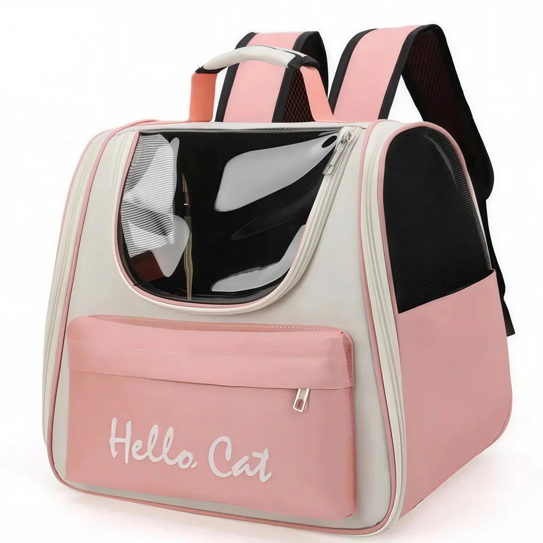 Sac à dos porte chat Hello Cat rose et blanc avec fenêtres en mesh et poche frontale