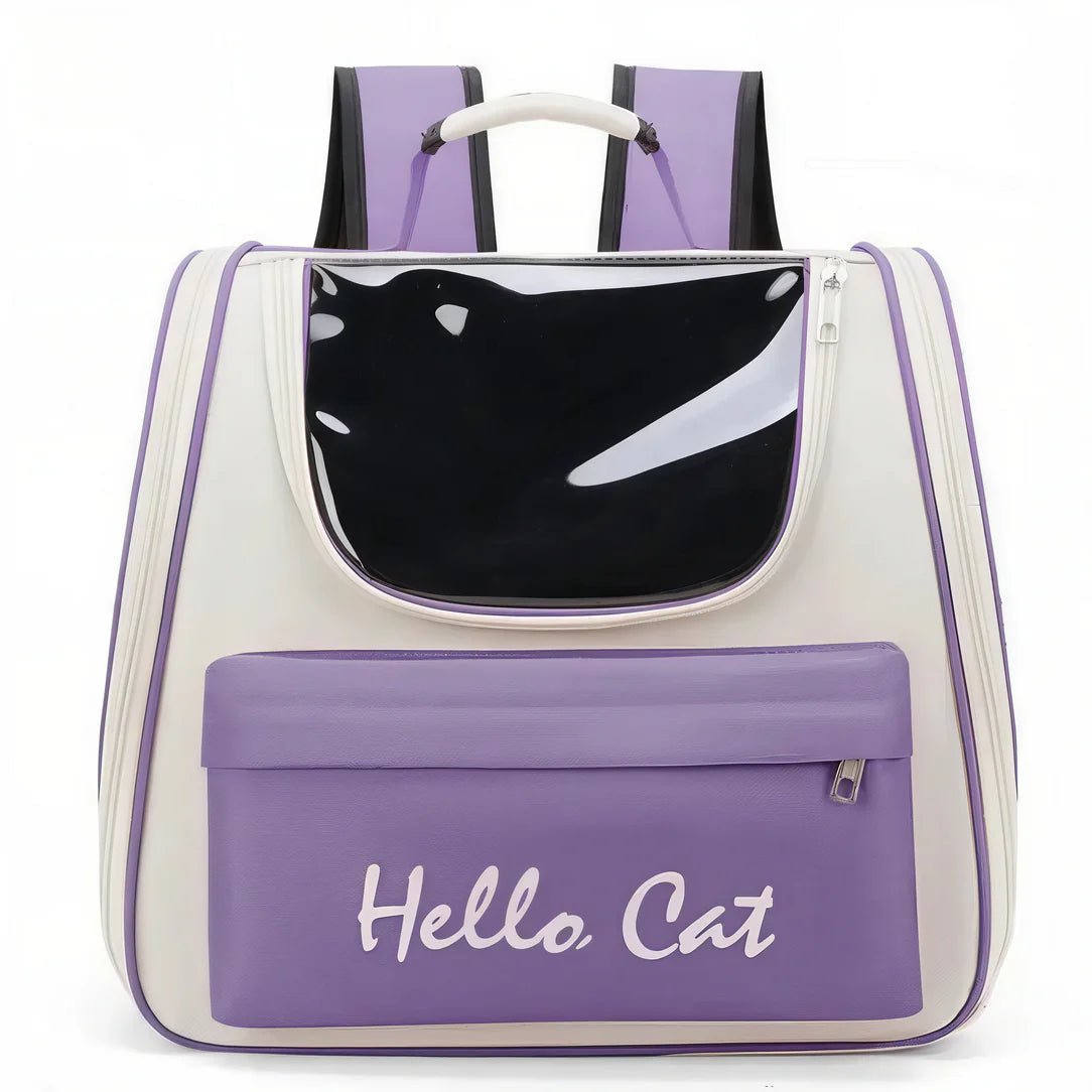 Sac à dos porte chat Hello Cat violet et blanc avec fenêtre en bulle et poche avant