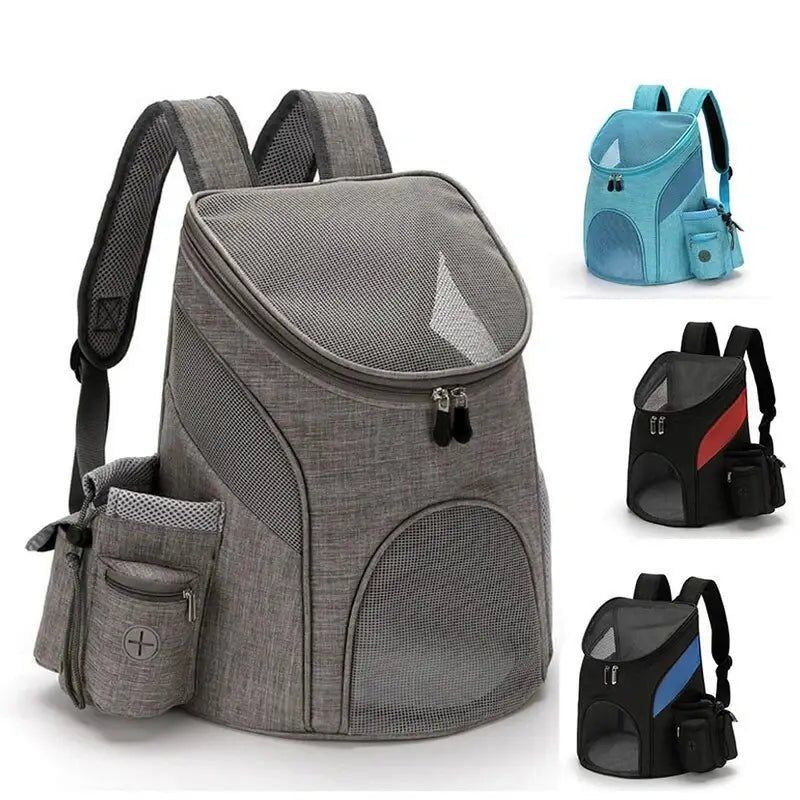Sac à dos pour chat adulte gris avec fenêtres en mesh et poches latérales, en différentes couleurs