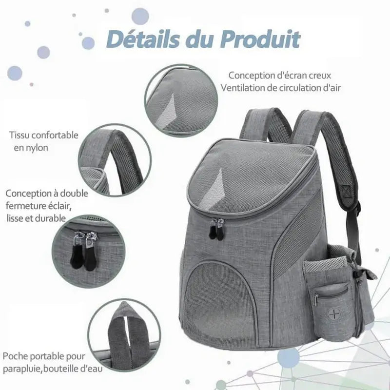 Sac à dos pour chat adulte gris avec fenêtres en mesh et poches multiples