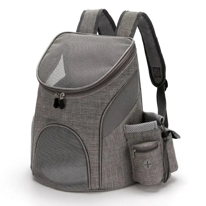 Sac à dos pour chat adulte gris avec fenêtres en mesh et poches latérales