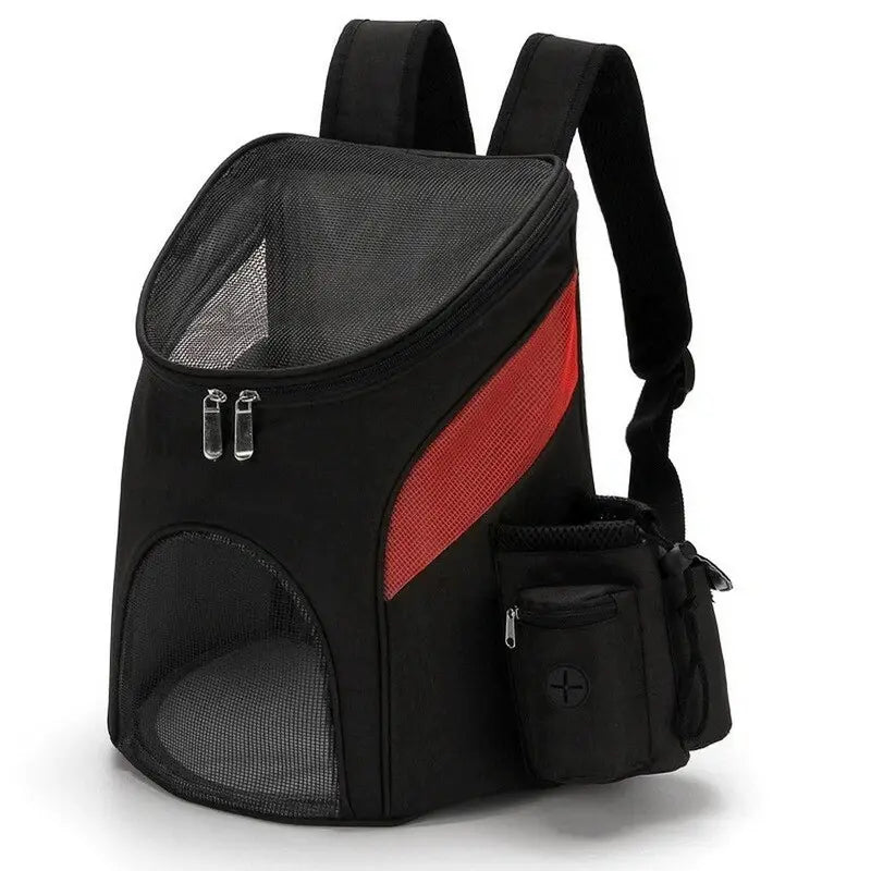 Sac à dos pour chat adulte noir avec accents en mesh rouge et multiples compartiments