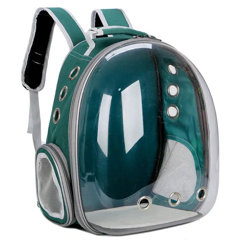 Sac à dos pour chat transparent en vert teal avec ventilation et poches en mesh