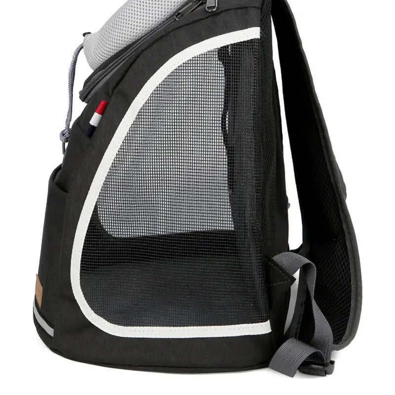 Sac à dos pour chien noir avec fenêtres en mesh et garniture blanche
