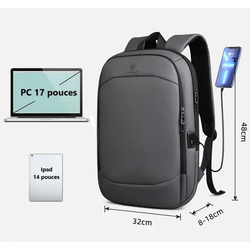 Sac à dos pour ordinateur 17 pouces BackGuard gris avec port de chargement USB