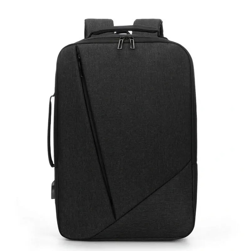 Sac à dos pour pc portable en tissu noir avec multiples compartiments zippés et port USB latéral