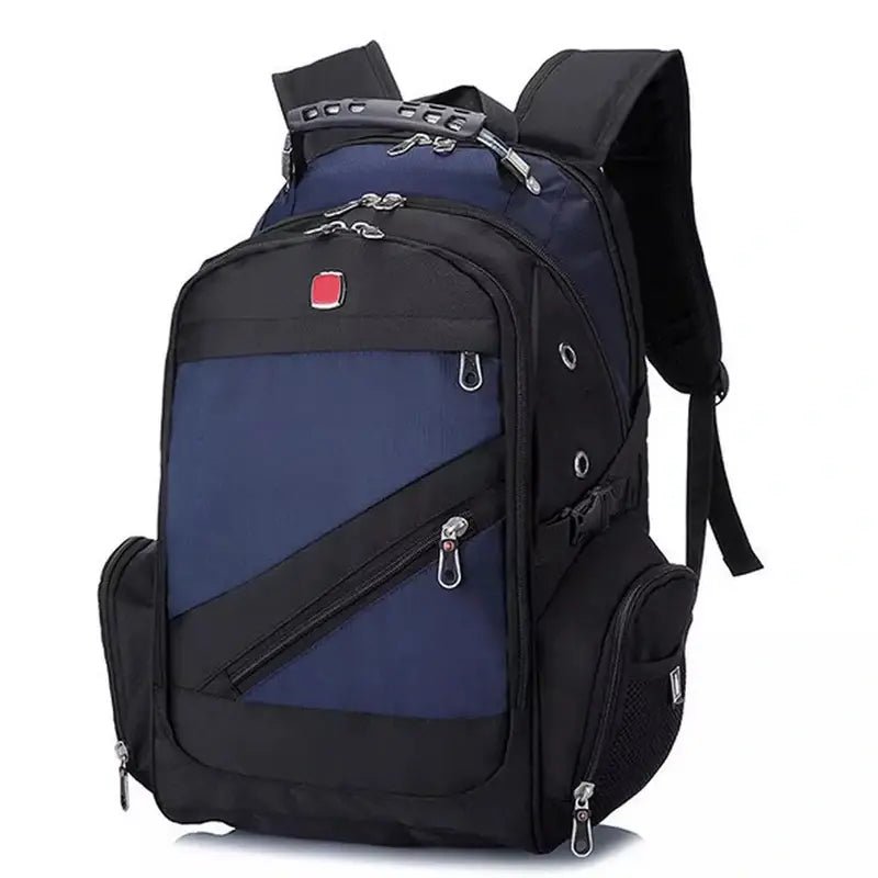 Sac à dos pratique homme noir et bleu en polyester avec compartiments et bretelles rembourrées