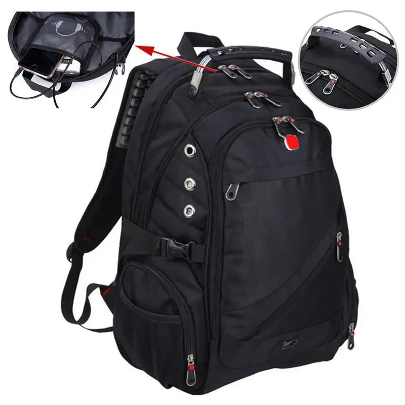 Sac à dos pratique homme noir avec compartiments, poignée renforcée et port USB externe