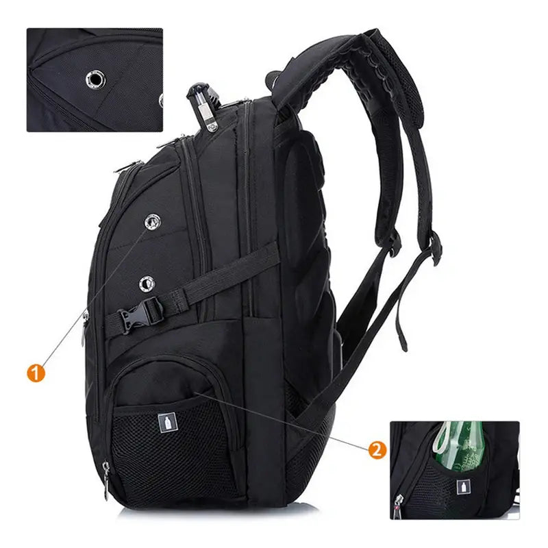Sac à dos pratique homme noir avec plusieurs compartiments, bretelles rembourrées et poches latérales