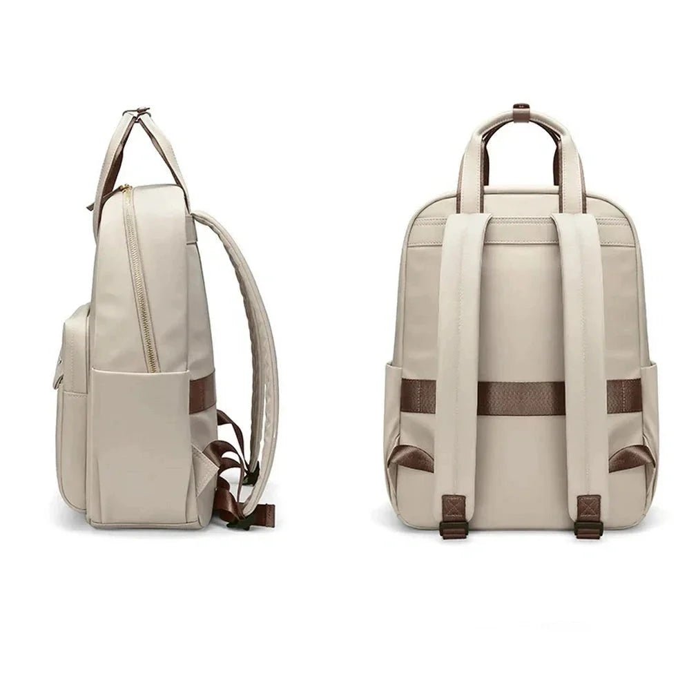 Sac à dos pratique pour femme, beige clair avec accents marron, compartiments et bretelles ajustables