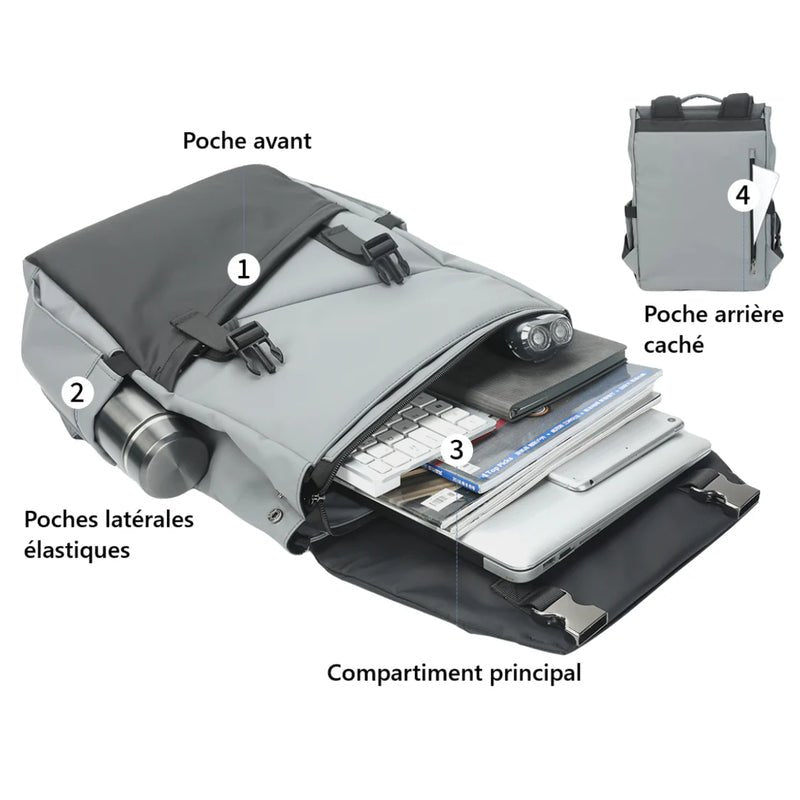 Sac à dos à rabat 16 pouces Tiger Lyra gris et noir avec compartiments pour électronique