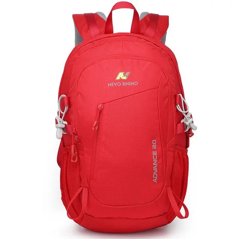 Sac à dos randonnée 20l rouge avec plusieurs compartiments et sangles extérieures
