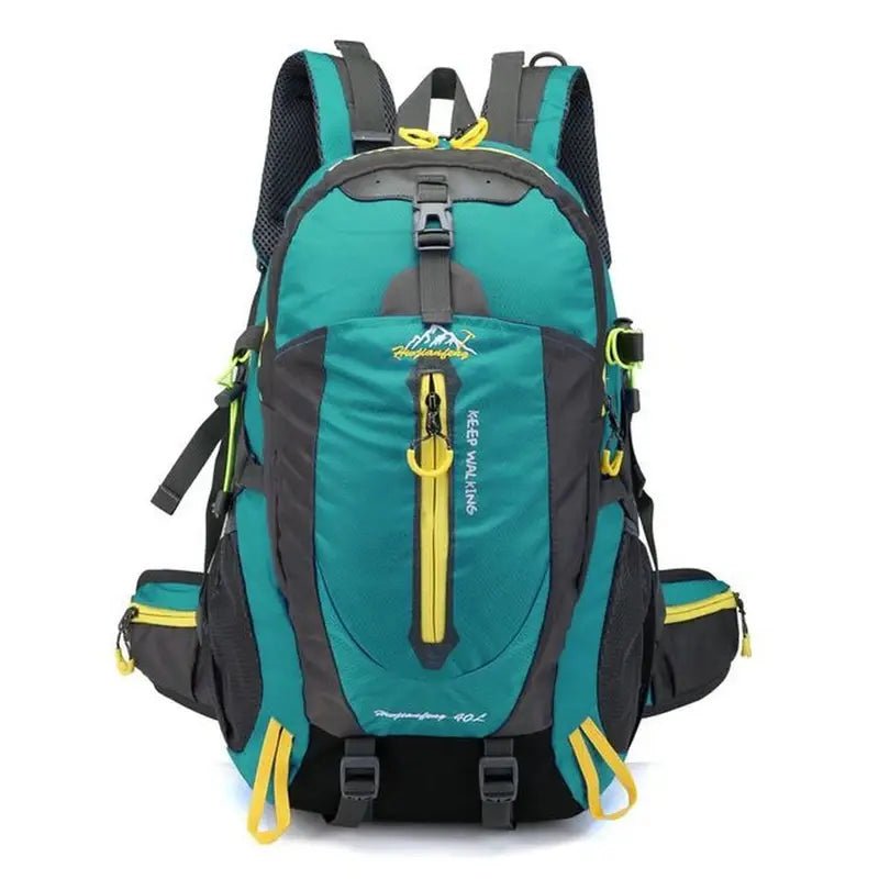 Sac à dos randonnée 30L teal et gris avec accents jaunes et plusieurs compartiments