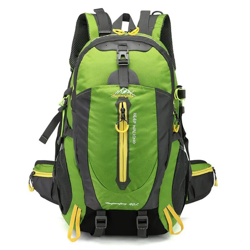 Sac à dos randonnée 30L vert et gris avec accents jaunes pour trekking et aventure