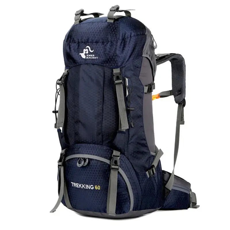 Sac à dos randonnée 60 L Trek en bleu foncé avec bretelles et accents gris