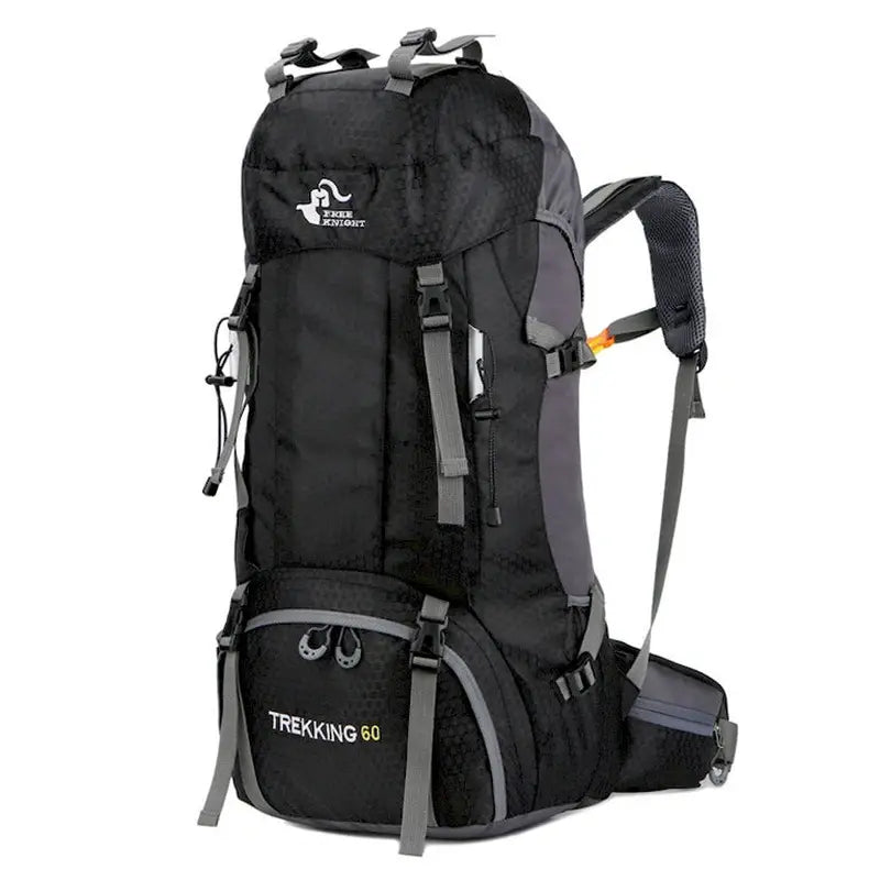 Sac à dos randonnée 60 L Trek noir et gris avec multiples sangles et compartiments