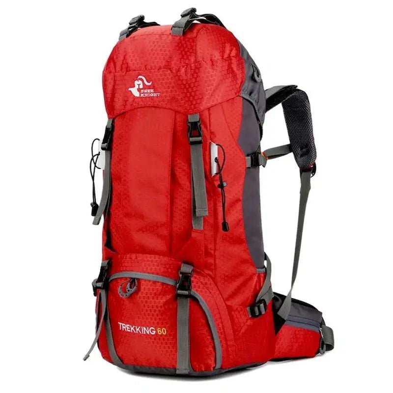 Sac à dos randonnée 60 L Trek rouge et gris avec plusieurs sangles et compartiments