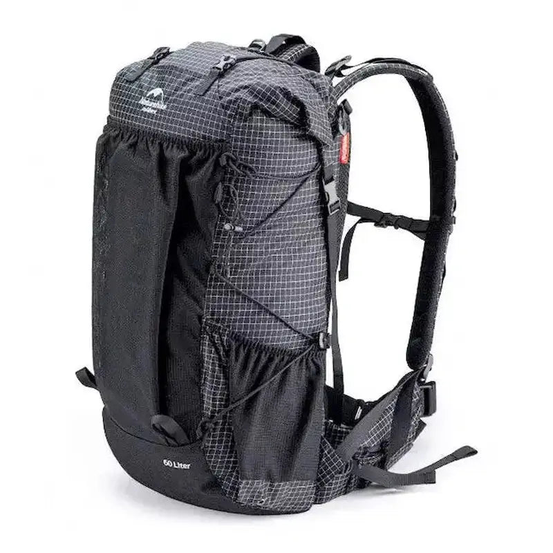 Sac à dos randonnée 60L à carreaux noir et blanc avec poches latérales et bretelles ajustables