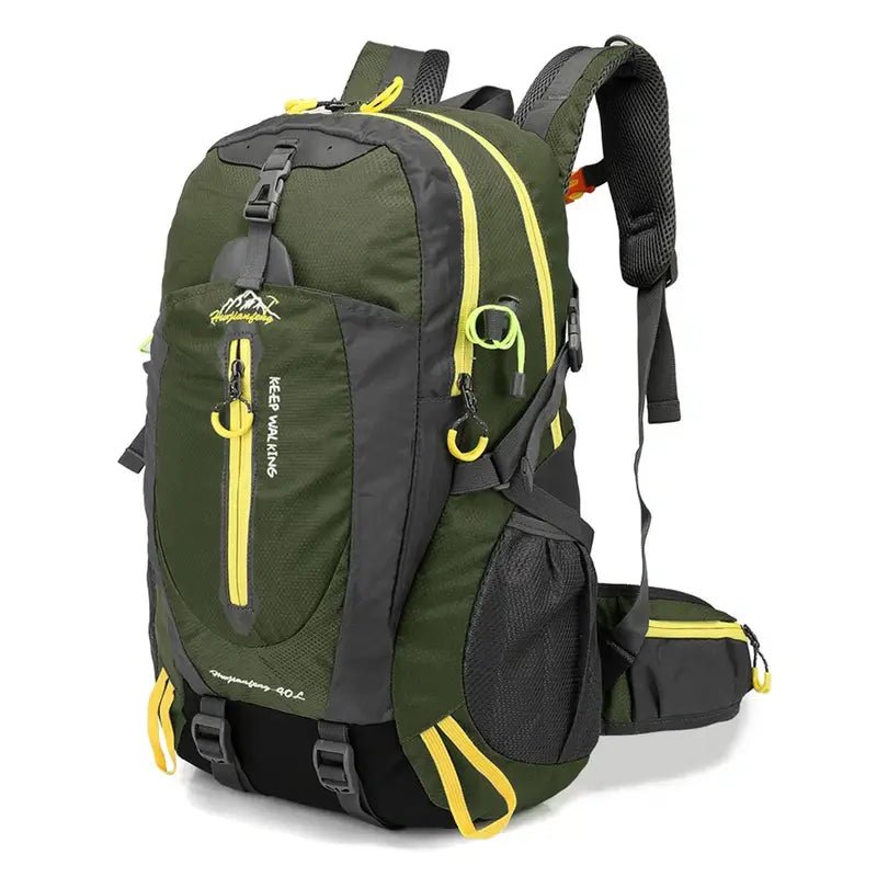 Sac à dos randonnée femme 40l olive vert et gris avec accents néon jaune et multiples compartiments