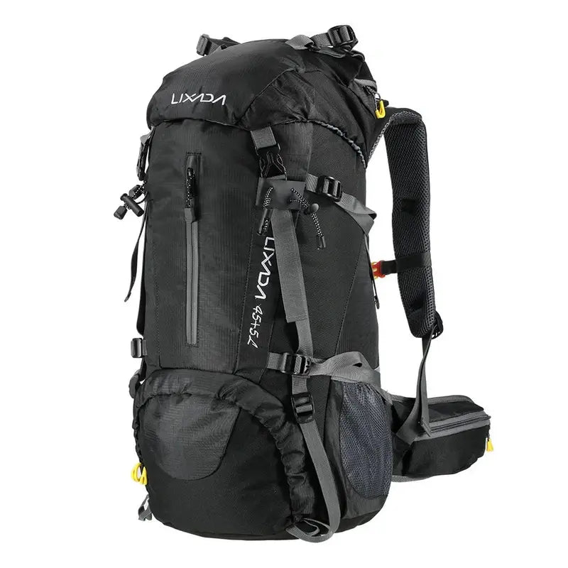 Sac à dos de randonnée homme 50l noir avec bretelles grises et plusieurs compartiments