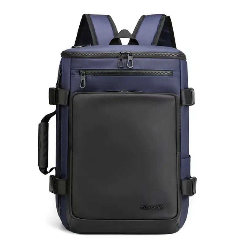 Sac à dos rectangulaire 25l bleu marine et noir avec multiples compartiments et options de transport