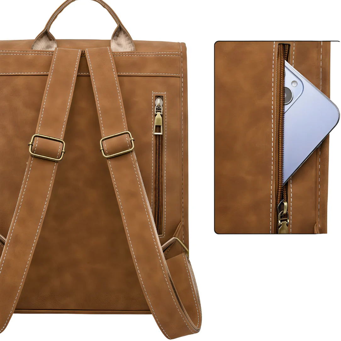 Sac à dos rectangulaire en cuir fauve avec fermetures dorées et sangles ajustables