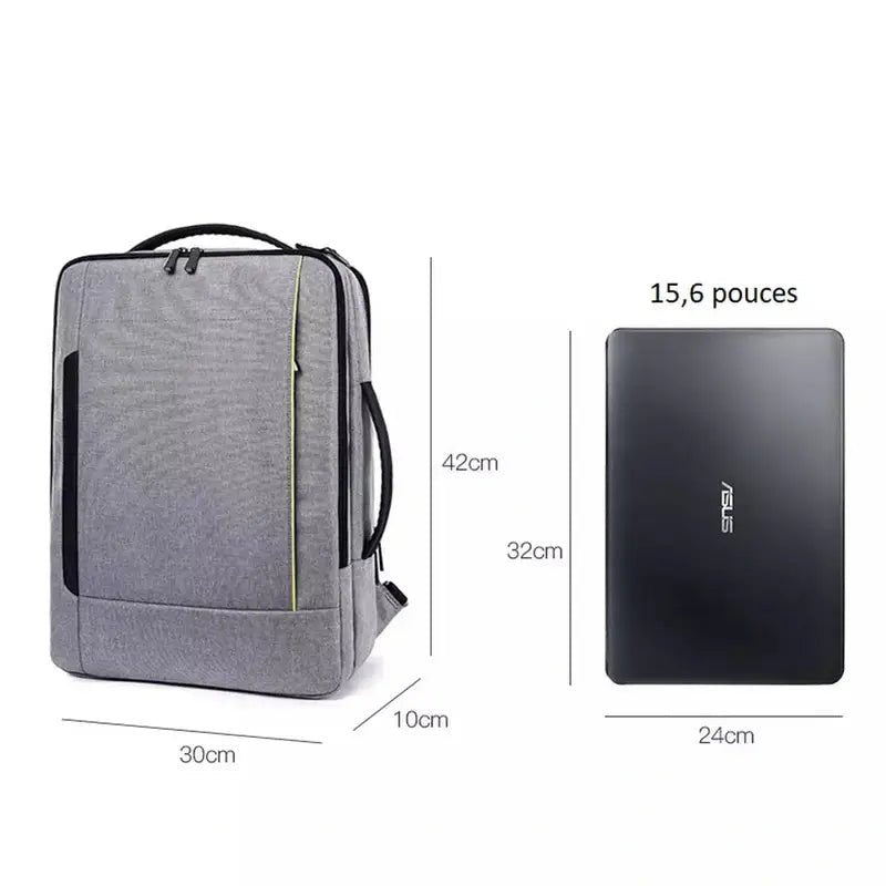 Sac à dos rectangulaire pour PC 15,6 pouces gris avec compartiments et poche rembourrée