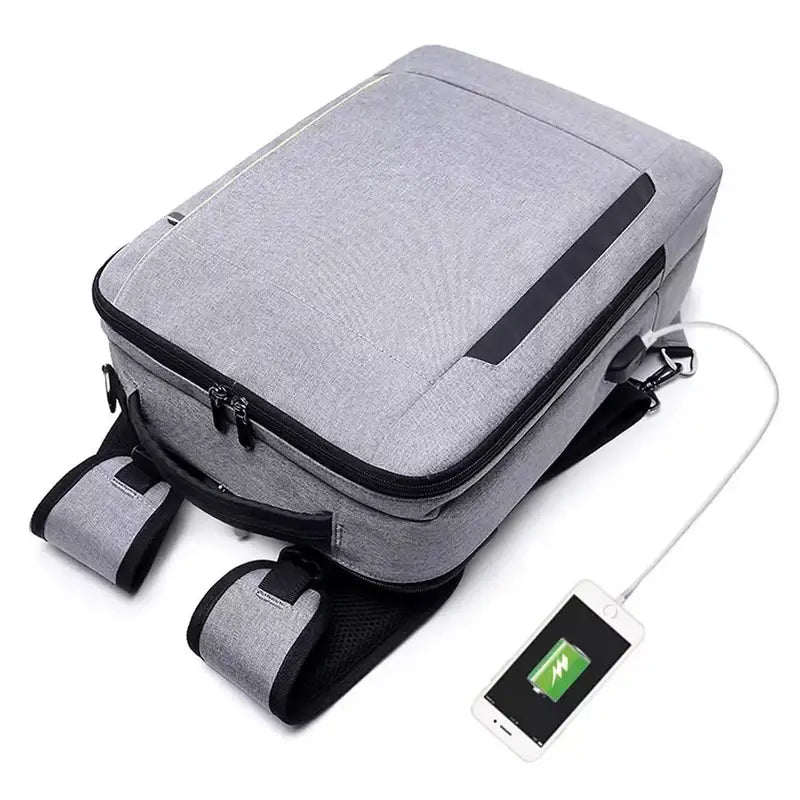 Sac à dos rectangulaire pour PC 15,6 pouces avec port USB, gris clair, zippers noirs