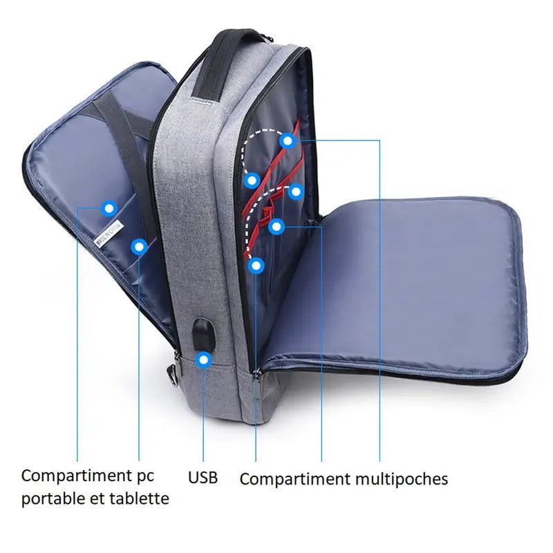 Sac à dos rectangulaire pour PC 15,6 pouces gris avec port USB et compartiments ouverts
