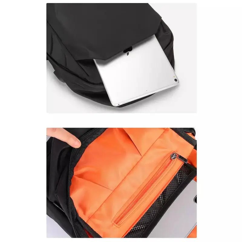 Sac à dos rentrée noir avec doublure orange et compartiments pour tablette