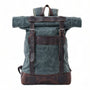 Sac à dos rétro Ruston en tissu teal foncé avec bretelles en cuir marron foncé
