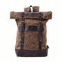 Sac à dos rétro en tissu waxé brun avec bretelles en cuir foncé et boucles