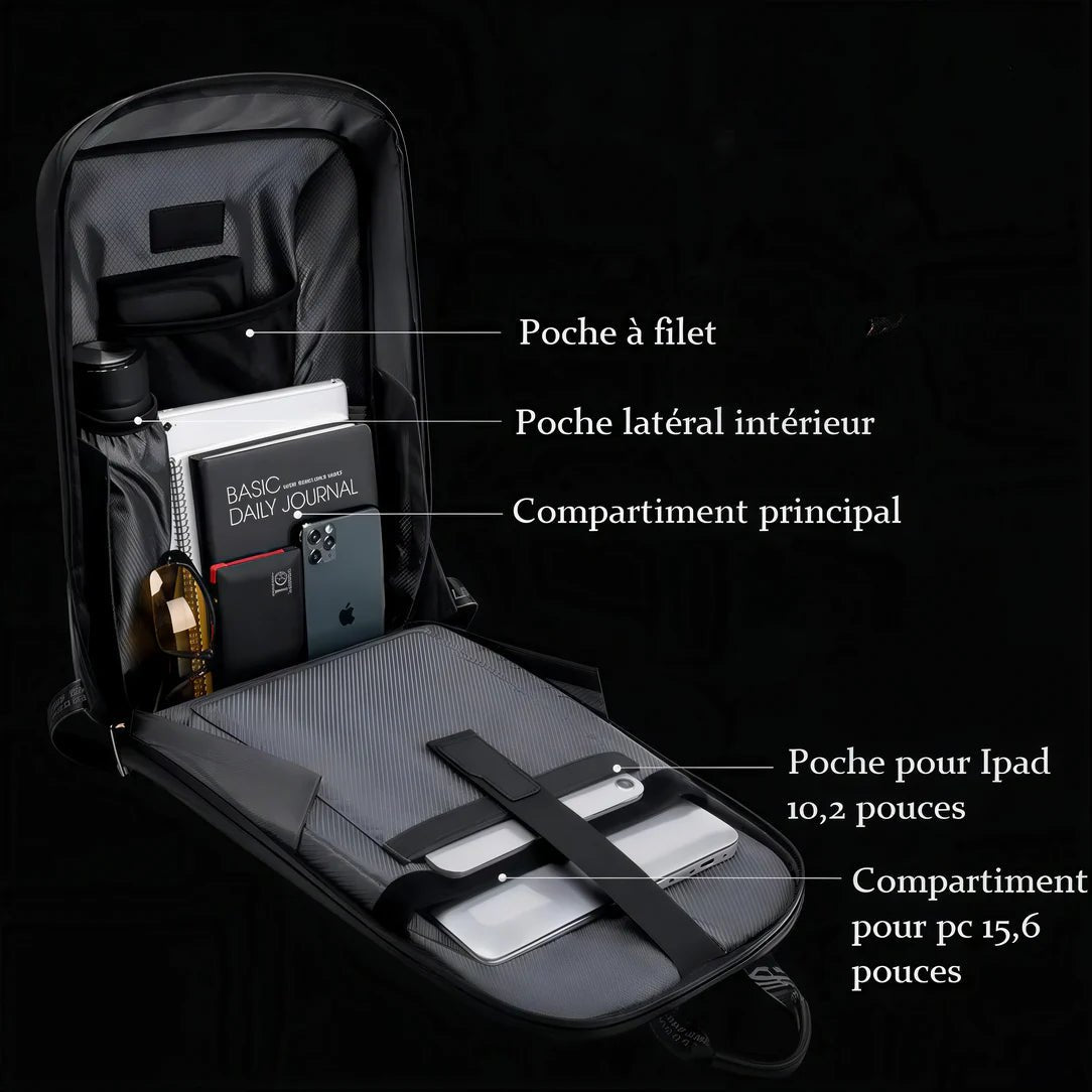 Sac à dos rigide antivol Artic Hunter ouvert montrant compartiments pour électroniques