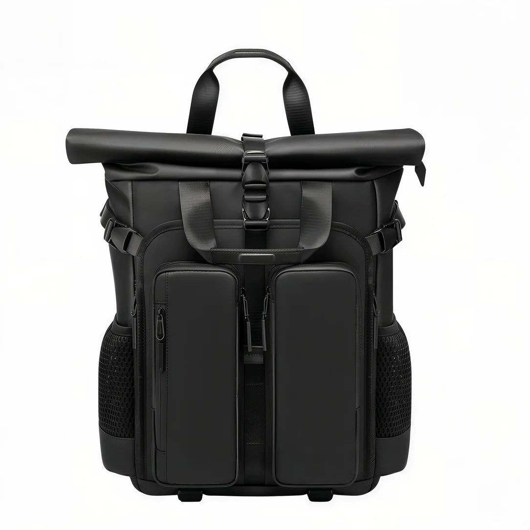 Sac à dos roll top de voyage RZTX noir avec poches extérieures et bretelles ajustables
