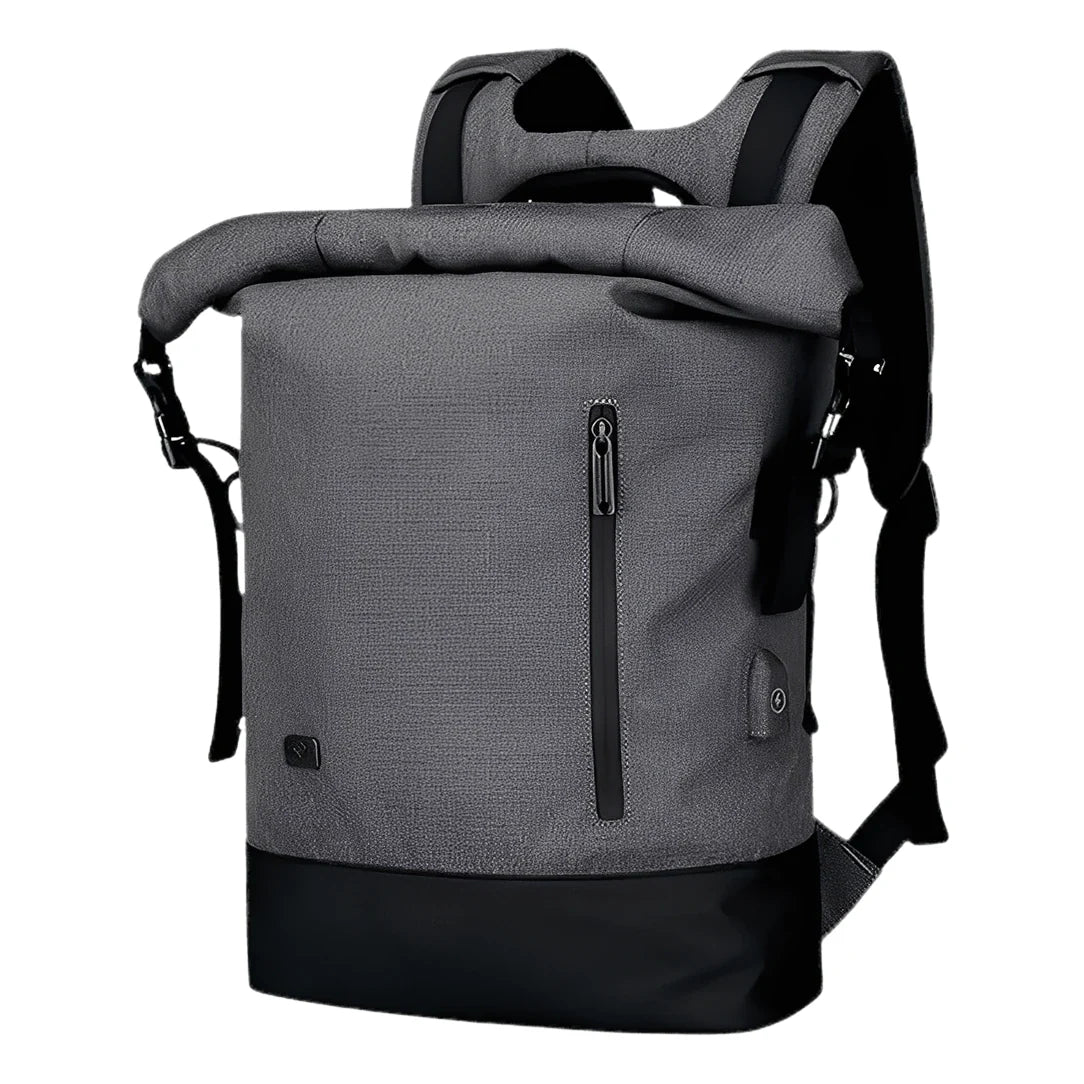 Sac à dos roll top homme HK21 gris et noir avec poche avant et port USB externe