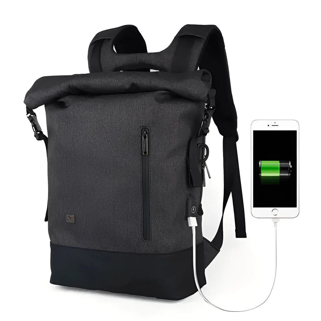 Sac à dos roll top homme HK21 gris foncé et noir avec port de chargement USB intégré