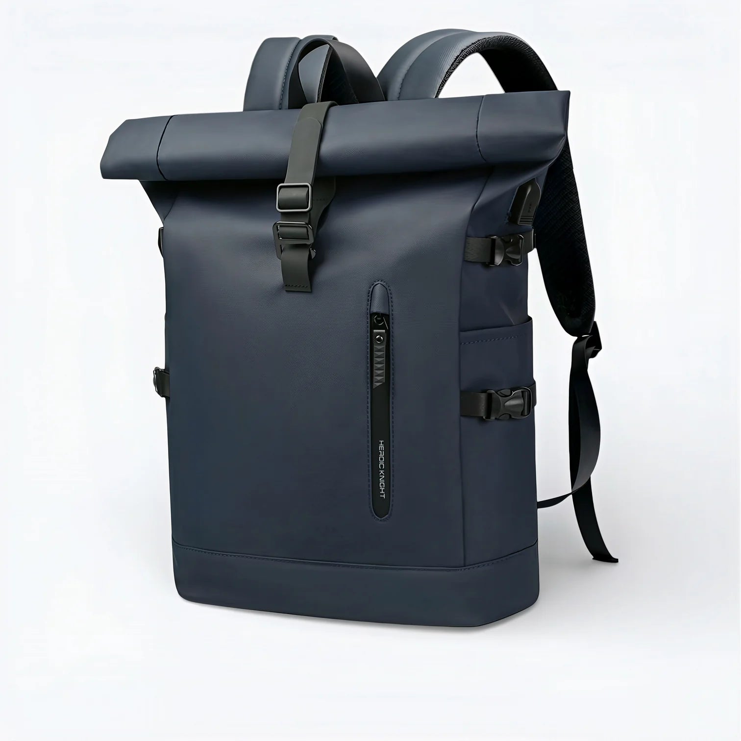 Sac à dos roll-top imperméable bleu marine foncé, design moderne sleek