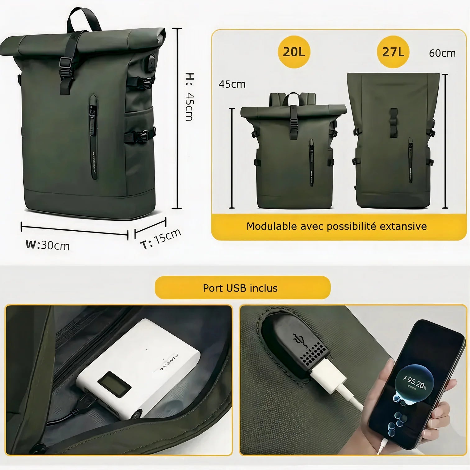 Sac à dos roll-top imperméable vert olive foncé avec port USB