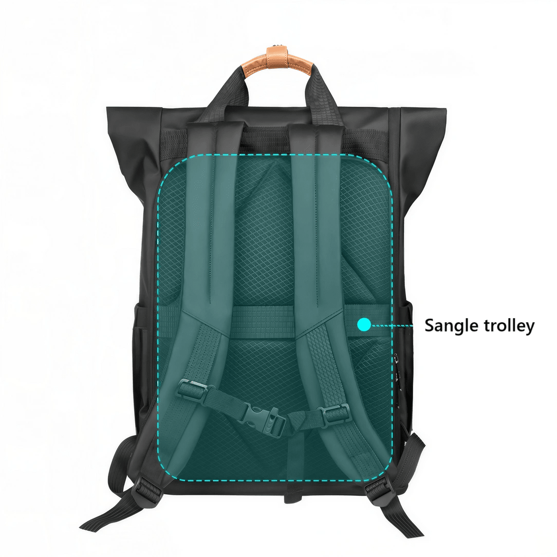 Sac à dos roll top noir pour PC 15,6 pouces avec bretelles rembourrées et trolley