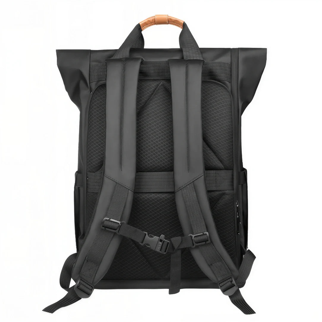 Sac à dos roll top noir pour PC 15,6 pouces avec poignée marron et bretelles rembourrées