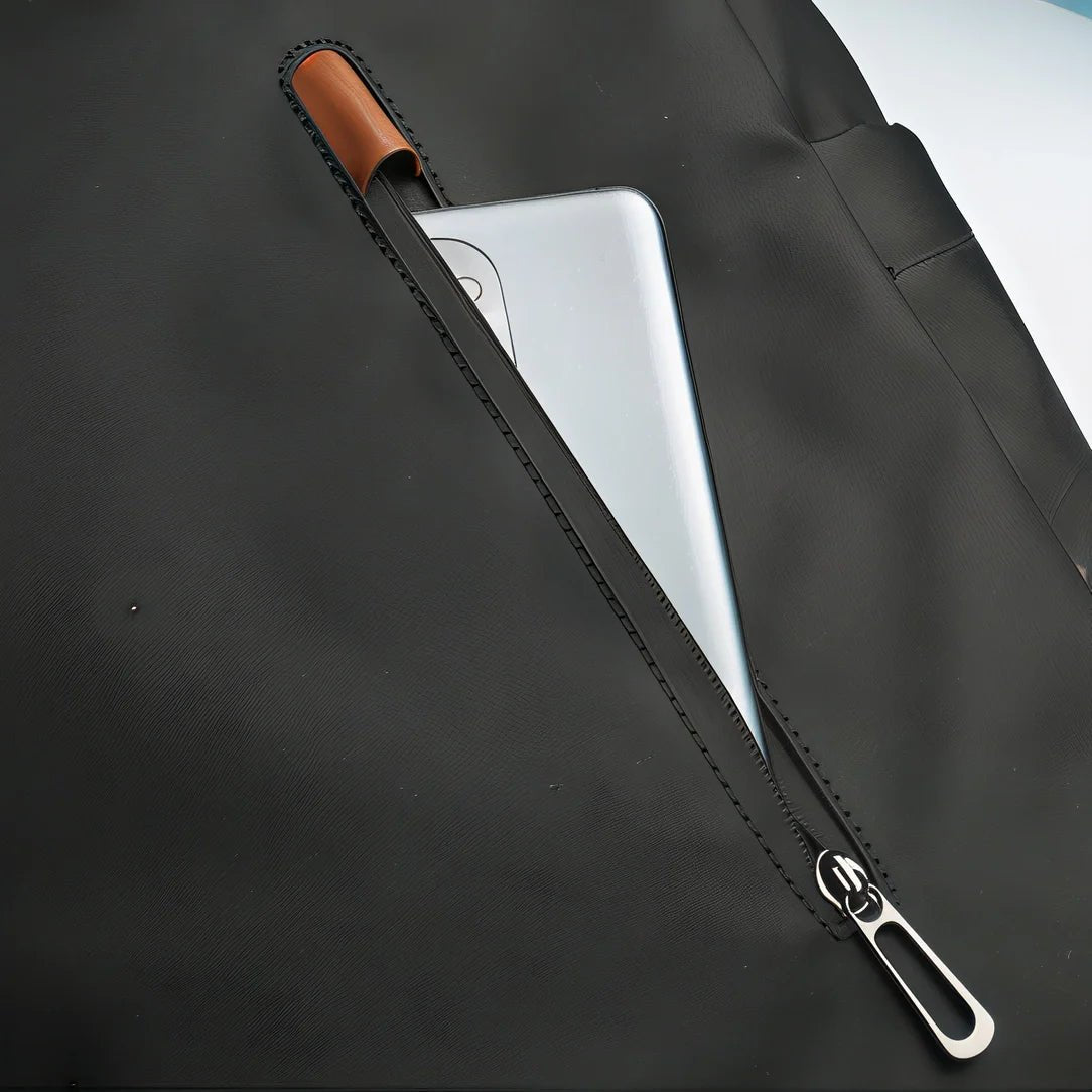 Poche zippée noire avec smartphone argenté et tirette en cuir marron sur Sac à dos noir PC 15,6 pouces