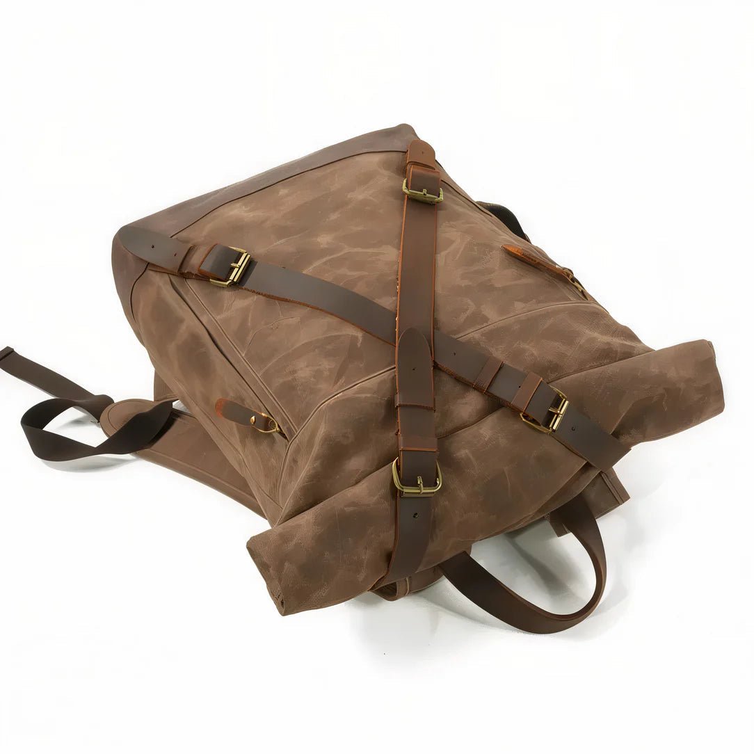 Sac à dos rétro en toile cirée marron et cuir avec boucles en laiton
