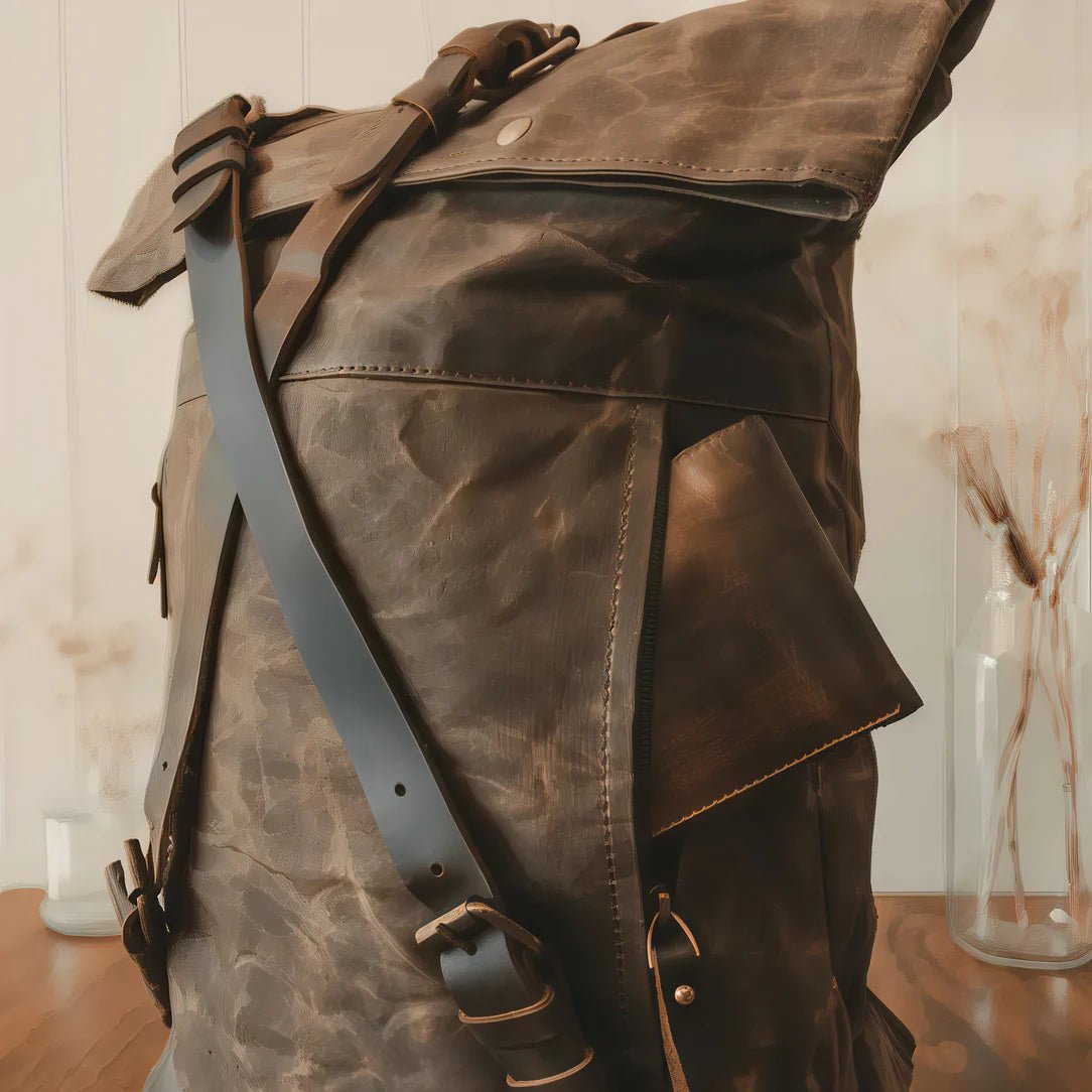 Sac à dos roll top rétro en toile cirée marron foncé avec bretelles en cuir