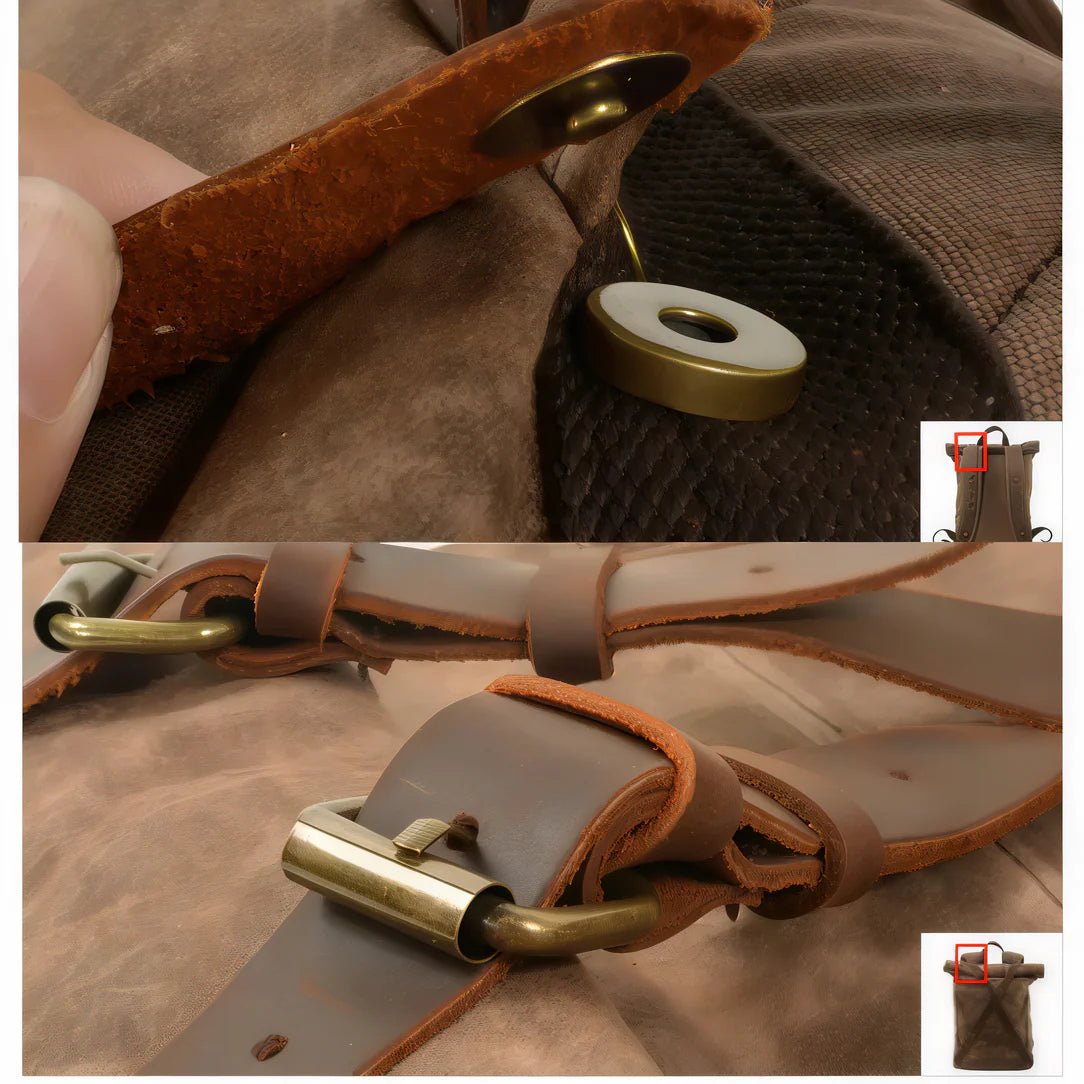 Sac à dos roll top rétro en cuir marron et toile avec fermoirs magnétiques et boucle