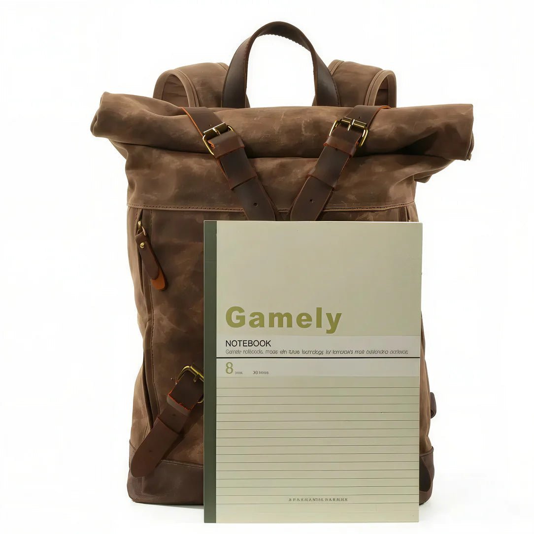 Sac à dos rétro en toile cirée marron avec cuir et poche zippée frontale