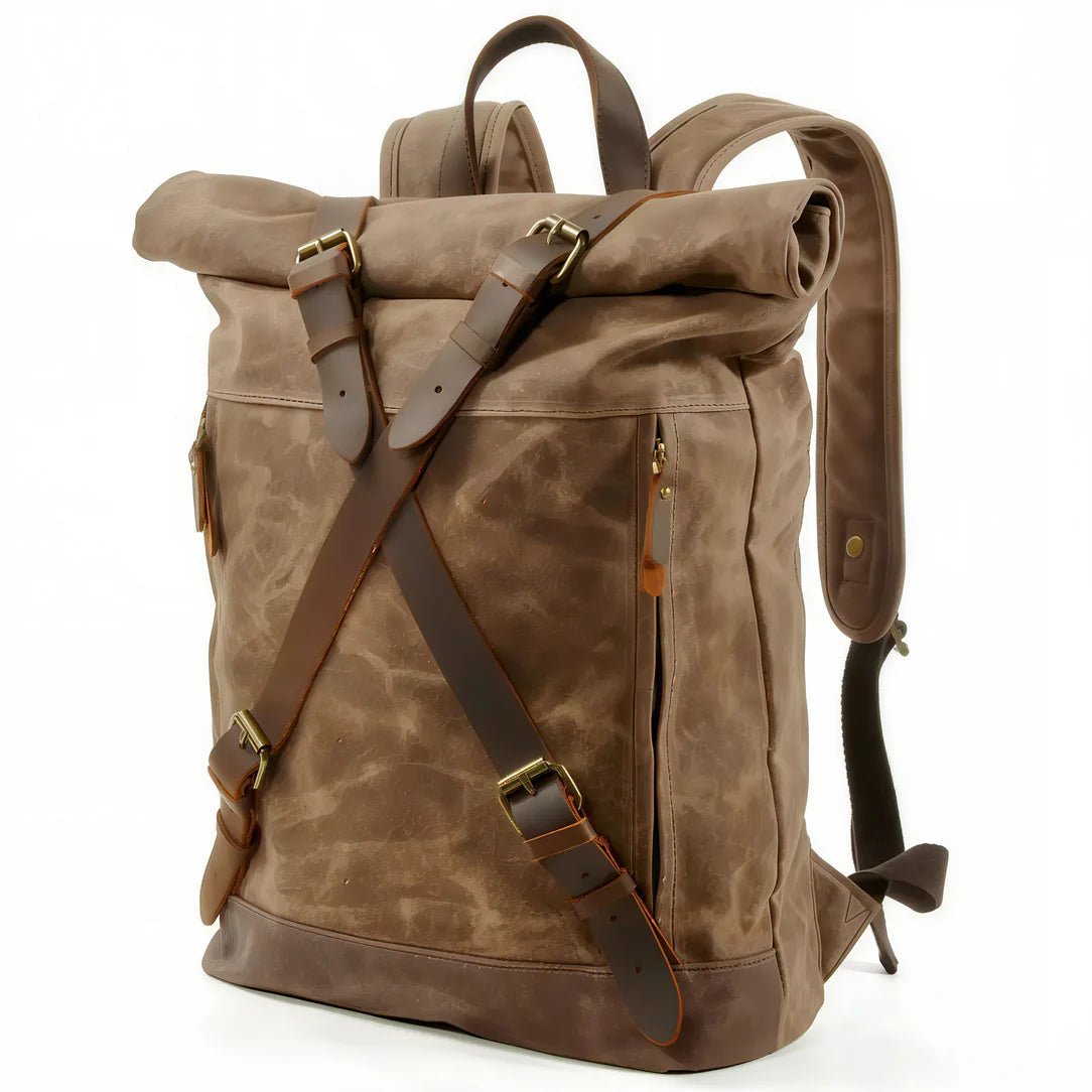 Sac à dos rétro en toile cirée et cuir avec fermeture roulée pour un style vintage
