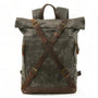 Sac à dos roll top rétro en toile cirée gris foncé avec cuir marron et accents